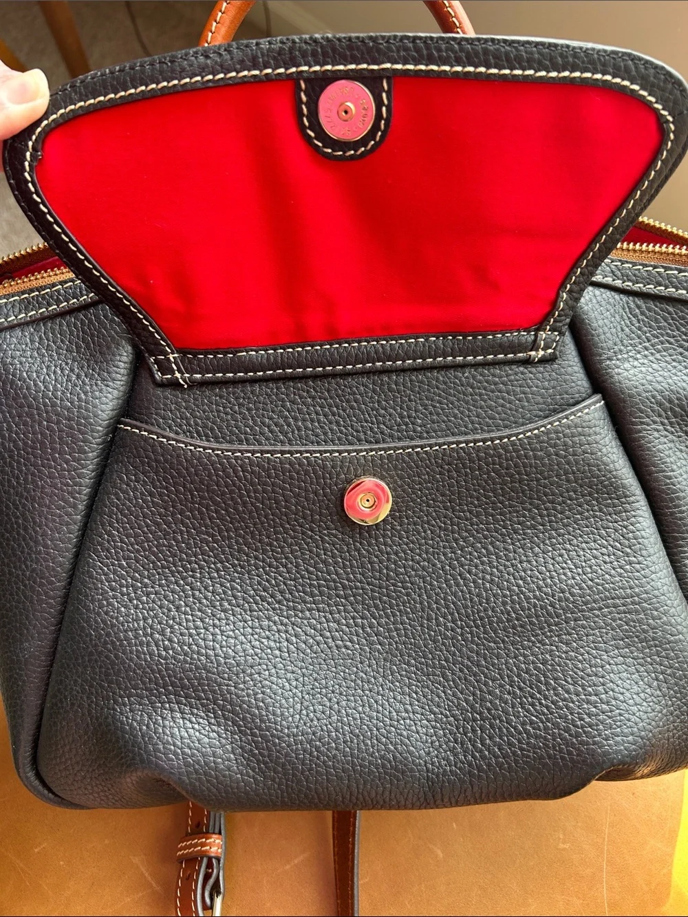 Dooney & Bourke Black Pebble Grain Leather Front Pocket Satchel with Brown Trim